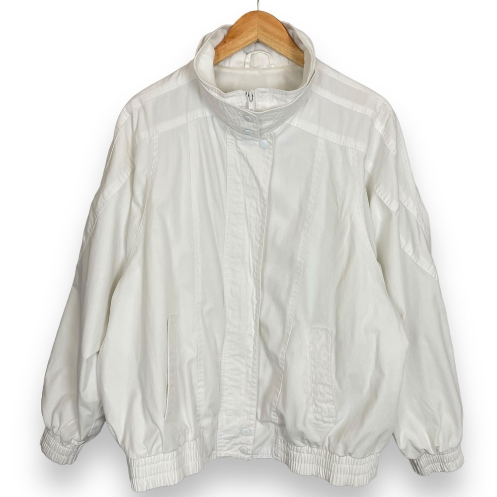 Vintage 80s 90s Jacket Sporty White Size XL‎ Women Zipper Snaps Stand Up Collar